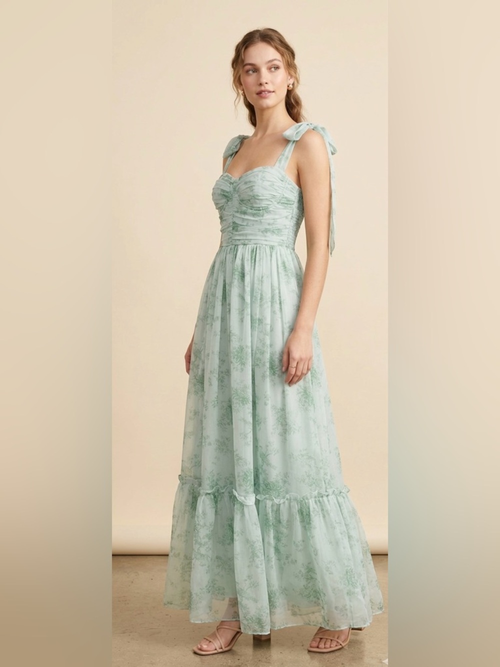 Mable Tie-Shoulder Smocked Sage Floral Maxi Dress